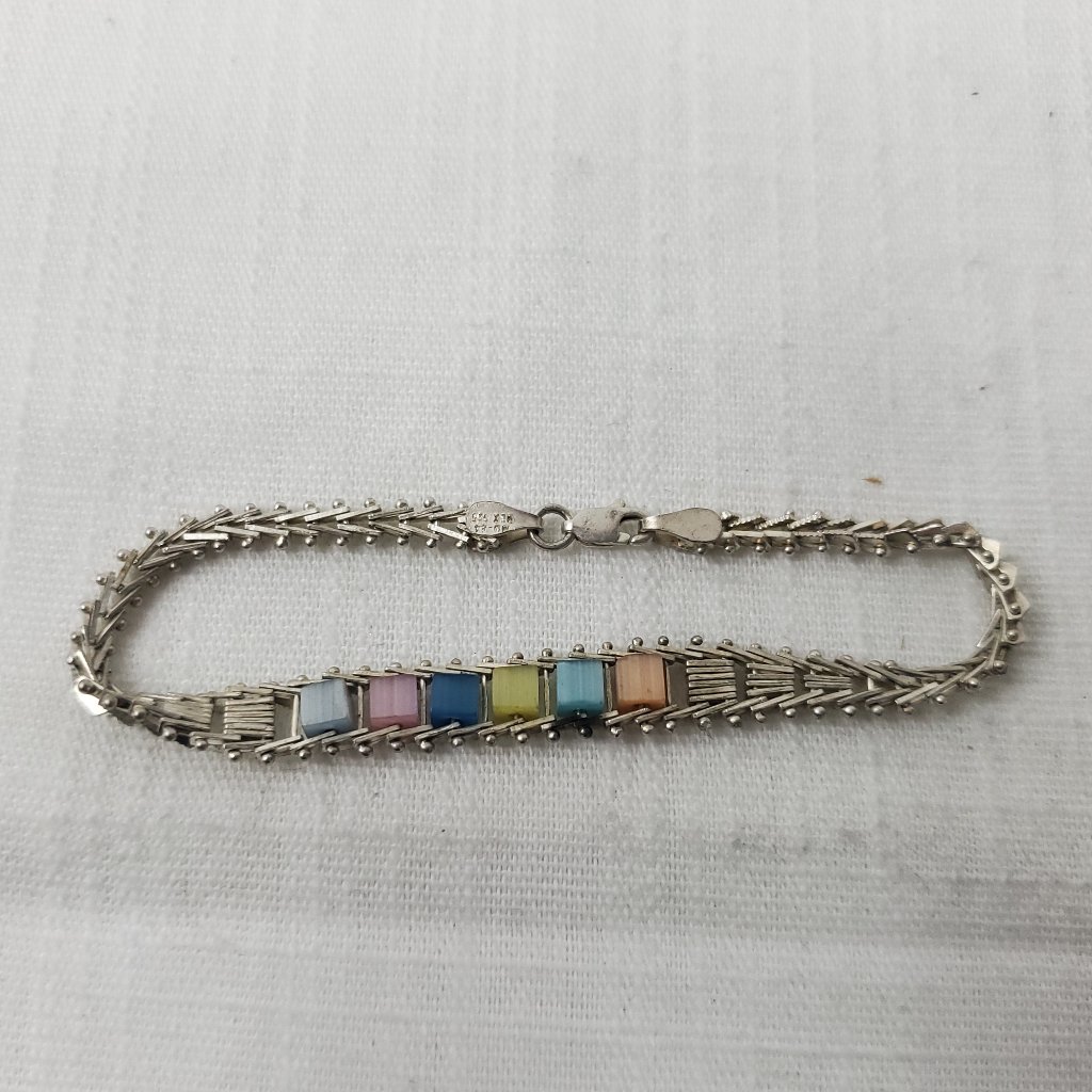 Vintage Silver 925 Pastel Multi Color Stone Flexible Bracelet